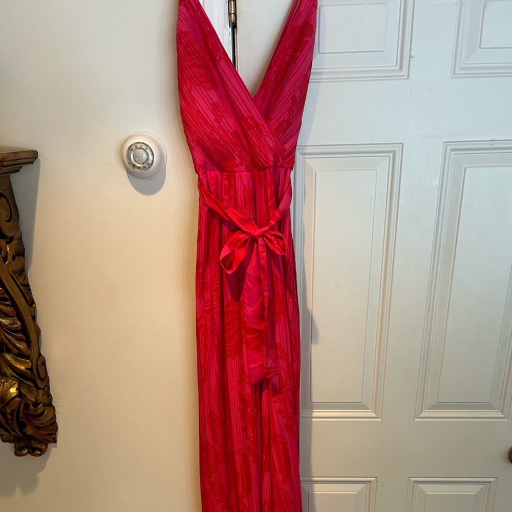 Beyond Words pink floral flower pleated wrap front wide leg jumpsuit Sz S NWT